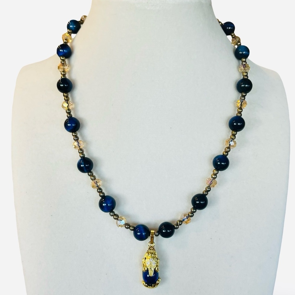 Navy Blue and Gold Austrian Crystal Asian Charm Necklace